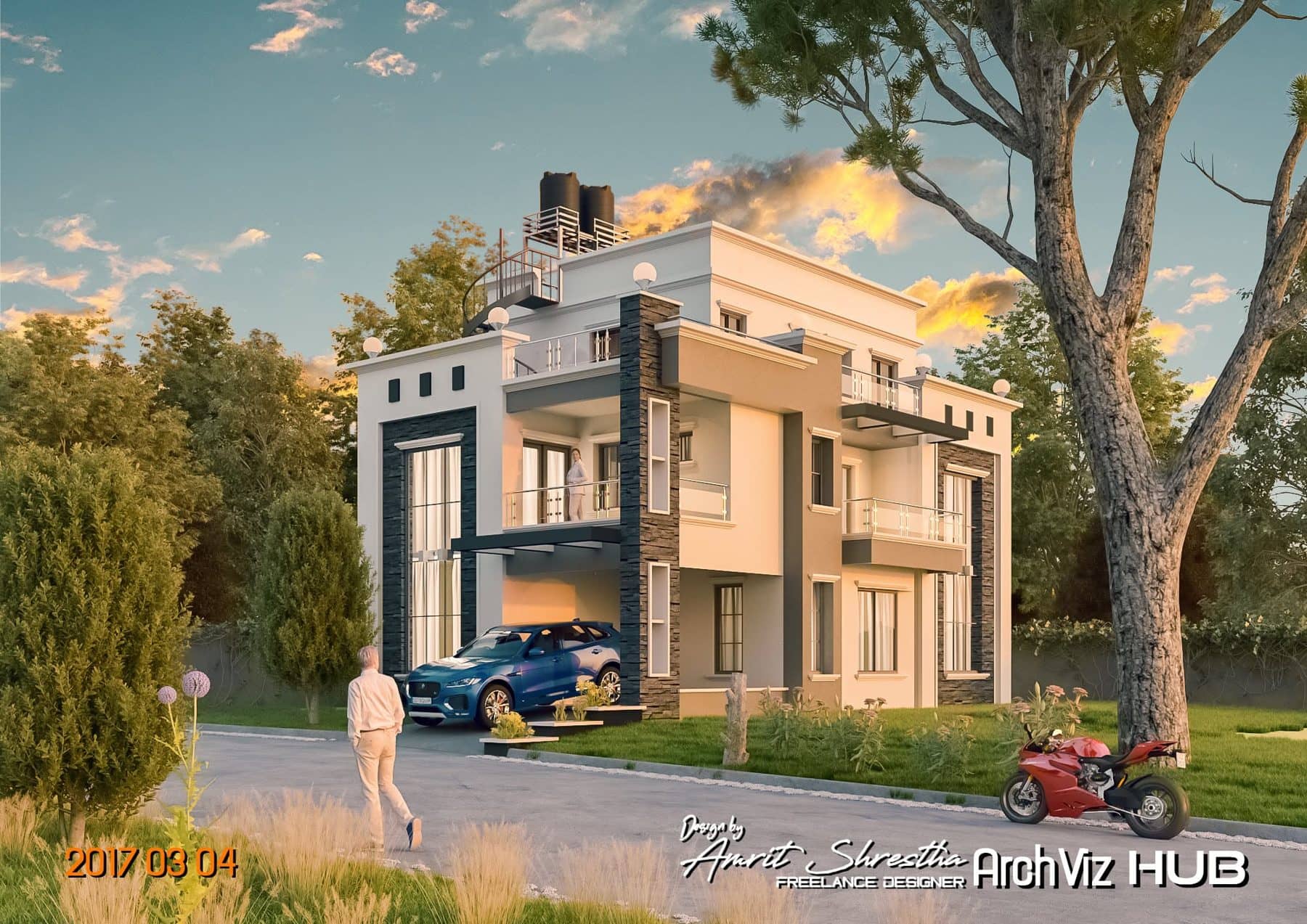 Modern residence at sunset